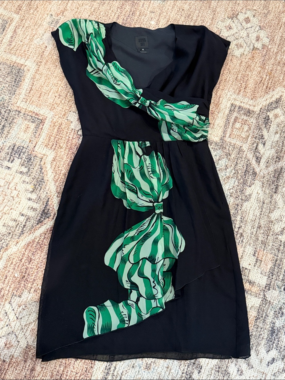 Black Dress with Green Ribbon Print